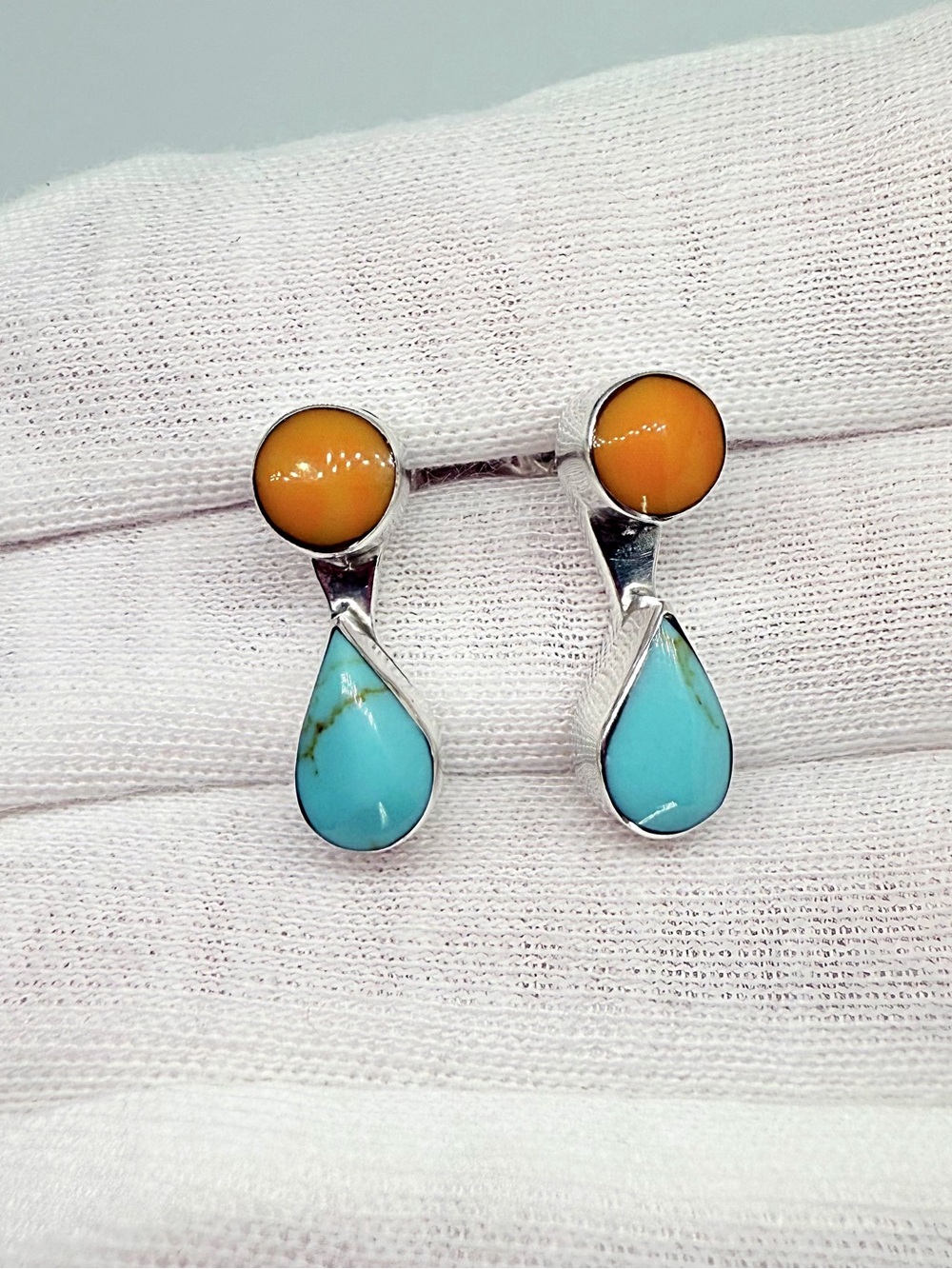 Native American Sterling Silver Teardrop Turquoise & Orange Coral Drop Earrings - Picture 8 of 12